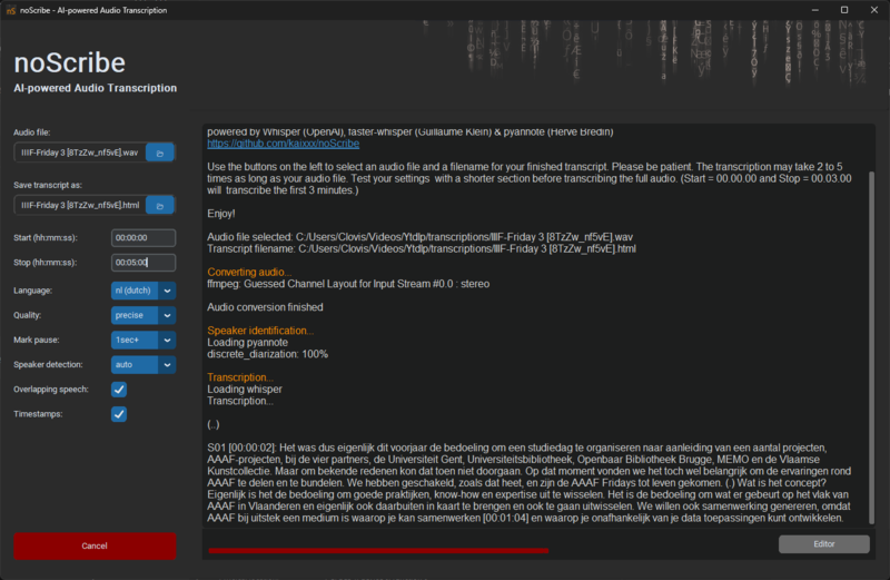 noScribe is bezig met de transcriptie.