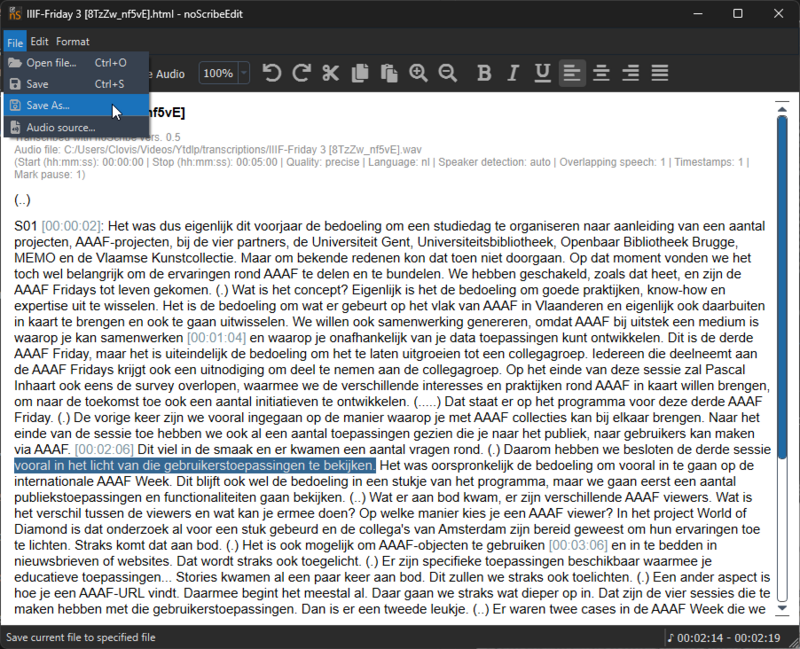 Tekst opslaan in de noScribe Editor