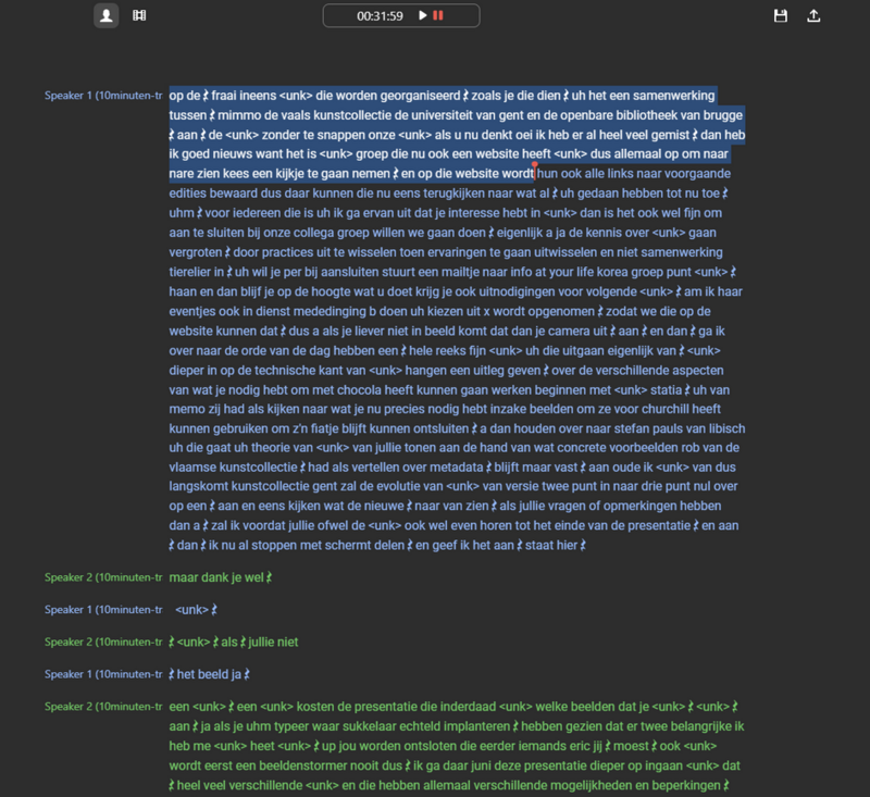 Screenshot van een automatische transcriptie in Audapolis.