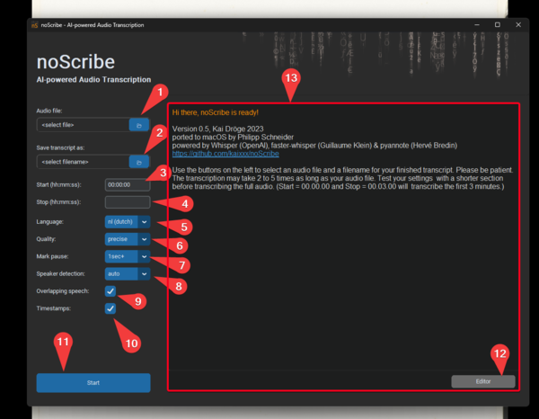 Les composants de l'interface noScribe