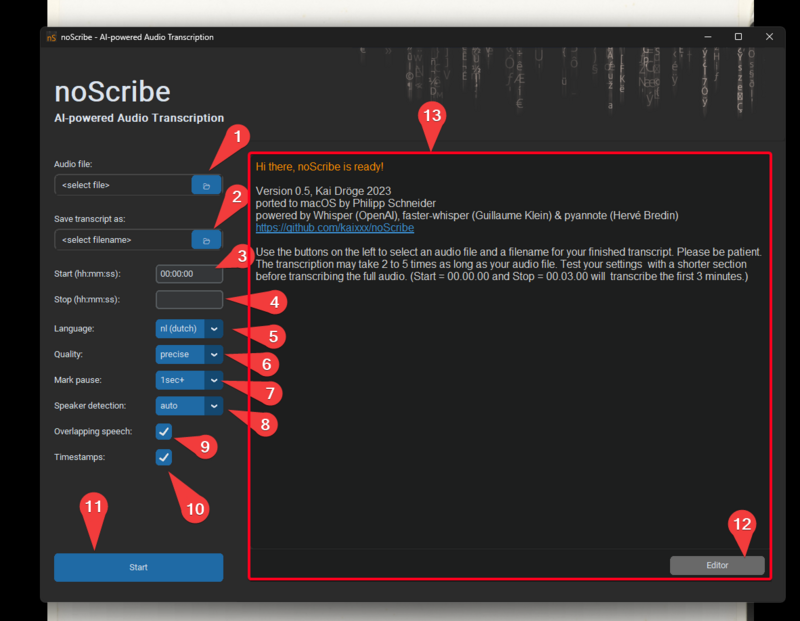 De onderdelen van de noScribe interface